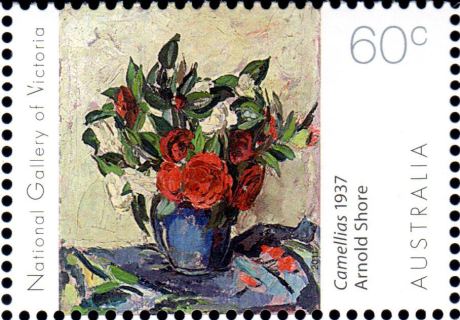 Australia-2011-Gallery-Series-NGV-Flowers-Art-60-cent-Multi-P13-86-x-14-6-Arnold-Shaw-Camellias-1937-SG3570