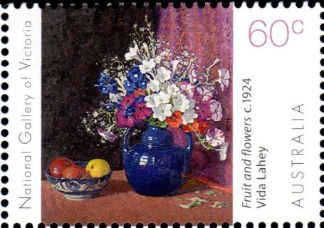 Australia-2011-Gallery-Series-NGV-Flowers-Art-60-cent-Multi-P13-86-x-14-6-Vida-Lahey-Fruit-and-flowers-ca-1924-SG3571