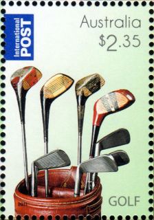 Australia-2011-Golf-2-35-dollar-Multi-P14-6-x-13-86-Four-woods-and-four-irons-protruding-from-top-of-golf-bag-SG3645