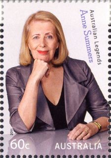 Australia-2011-Legends-2011-Advancing-Equality-Legends-series-fifteen-60-cent-Multi-P13-86-x-14-6-Anne-Summers-at-desk-with-beige-curtain-backdrop-SG3536
