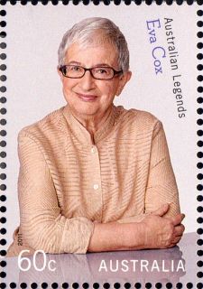 Australia-2011-Legends-2011-Advancing-Equality-Legends-series-fifteen-60-cent-Multi-P13-86-x-14-6-Eva-Cox-at-desk-with-beige-curtain-backdrop-SG3533