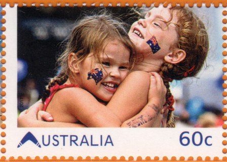 Australia-2011-Living-Australia-60-cent-Multi-P13-86-x-14-6-Embrace-friendship-two-children-with-face-paintings-hugging-SG3616