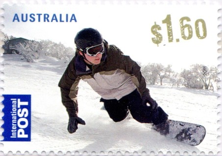 Australia-2011-Skiing-1-6-dollar-Multi-P14-6-x-13-86-boarding-on-white-brown-terrain-SG3627