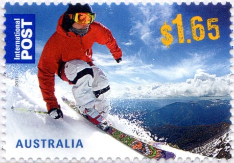 Australia-2011-Skiing-1-65-dollar-Multi-P14-6-x-13-86-Skiing-downhill-with-mountain-scenery-backdrop-SG3628