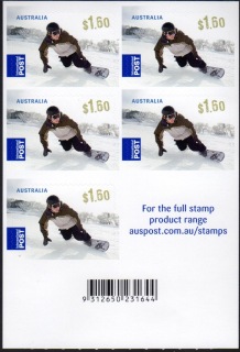 Australia-2011-Skiing-5-x-1-6-dollar-Multi-PDie-cut-Also-not-shown-like-booklet-of-5-of-1-65-SG