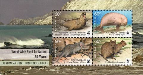 Australia-2011-World-Wildlife-Fund-for-Nature-Fifty-Years-4-x-60-cent-Multi-P13-86-x-14-6-AAT-minisheet-has-Elephant-Seal-at-top-left-of-the-four-stamps-and-Windswept-beach-SGM