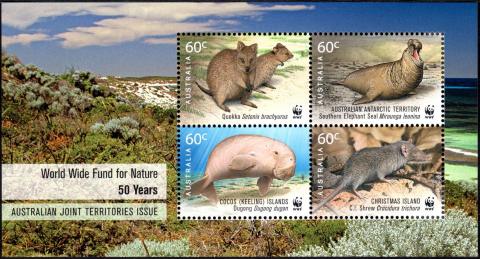 Australia-2011-World-Wildlife-Fund-for-Nature-Fifty-Years-4-x-60-cent-Multi-P13-86-x-14-6-Australian-minisheet-has-Quokka-at-top-left-of-the-four-stamps-and-coastal-background-