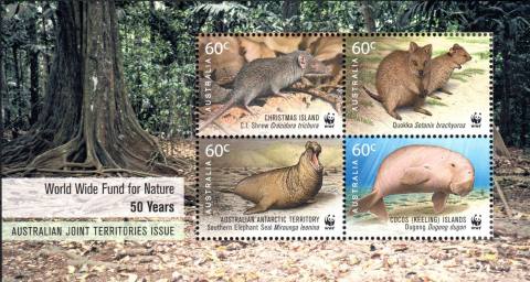 Australia-2011-World-Wildlife-Fund-for-Nature-Fifty-Years-4-x-60-cent-Multi-P13-86-x-14-6-Christmas-Island-minisheet-has-Shrew-at-top-left-and-tree-scene-behind-SGMS