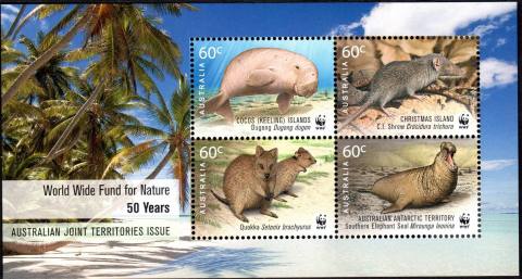 Australia-2011-World-Wildlife-Fund-for-Nature-Fifty-Years-4-x-60-cent-Multi-P13-86-x-14-6-Cocos-minisheet-has-coconut-beach-and-Dugong-at-top-left-of-the-4-stamps-SGMS