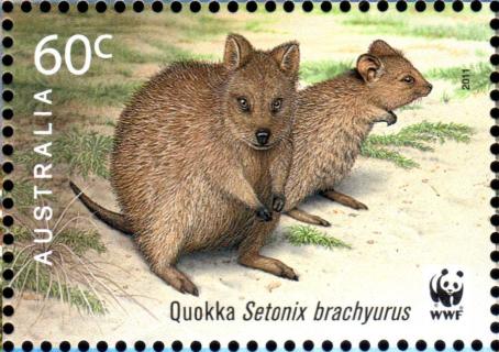 Australia-2011-World-Wildlife-Fund-for-Nature-Fifty-Years-60-cent-Multi-P13-86-x-14-6-Marsupial-Quokka-Setonix-brachyurus-mainly-found-on-islands-near-Perth