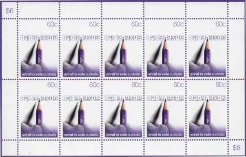 Australia-2012-Centenary-of-Compulsory-Enrolment-to-vote-10-x-60-cent-Multi-P14-6-x-13-86-Sheetlet-of-10-5-wide-x-2-high-Purple-pencil-filling-in-boxes-1912-2012-SG