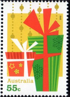 Australia-2012-Christmas-2012-55-cent-Multi-P14-6-x-13-86-Sketch-green-and-red-parcels-on-gold-SG3887