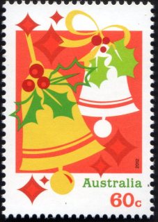 Australia-2012-Christmas-2012-60-cent-Multi-P14-6-x-13-86-Sketch-yellow-and-whte-bells-on-red-SG3888