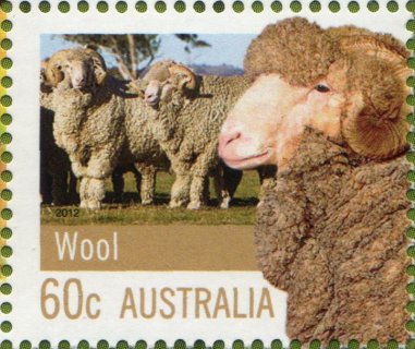 Australia-2012-Farming-Australia-60-cent-Multi-P14-4-x-14-Wool-Shows-sheep-head-agaiand-background-of-herd-SG3747