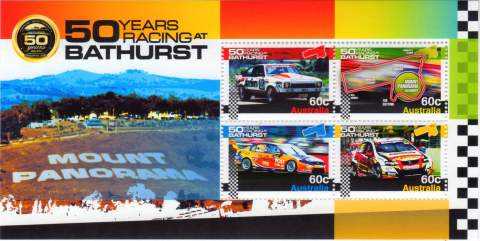 Australia-2012-Fifty-years-of-car-racing-at-Bathurst-4-x-60-cent-Multi-P13-86-x-14-6-All-four-60-cent-stamps-5892-5-incl-in-a-block-of-4-with-background-depiction-of-the-hill-nam