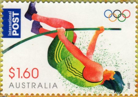 Australia-2012-London-2012-Olympic-Games-1-6-dollar-Multi-P14-6-x-13-86-Pole-vaulter-in-green-gold-nearing-top-of-ascent-Green-eatercolour-splashes-decoration-SG3808