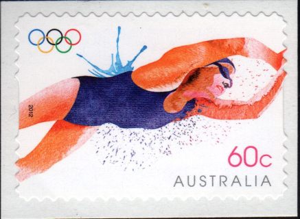 Australia-2012-London-2012-Olympic-Games-60-cent-Multi-Pdie-cut-Swimmer-in-blue-leaving-the-start-blocks