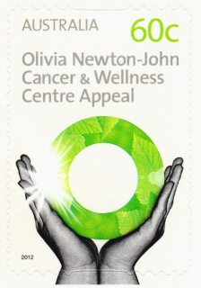 Australia-2012-Olivia-Newton-John-Cancer-and-Wellness-Centre-appeal-60-cent-Grey-shades-and-green-shades-on-white-PDie-cut-Pair-of-hands-holding-a-circular-symbol