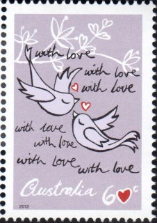 Australia-2012-Precious-Moments-60-cent-Multi-P14-6-x-13-86-Two-love-birds-in-white-on-pale-mauve-SG3690