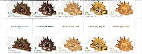 Australia-2012-Rising-Sun-Badge-60-cent-Multi-P14-6-x-13-86-Words-Rising-Sun-Badge-followed-by-date-of-service-as-on-adjacent-paired-stamps-SG