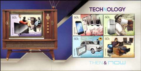 Australia-2012-Technology-Now-and-Then-4-x-60-cent-Multi-P13-86-x-14-6-Larger-TV-in-wood-cabinet-next-to-4-other-stamp-designd-as-per-sheet-stamps-170-x-85-mm-sheet-SGMS3718