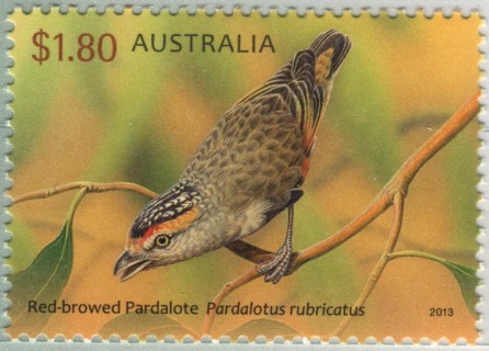 Australia-2013-Australian-Birds-Series-IV-Pardalotes-1-8-dollar-Multi-P13-86-x-14-6-Red-browed-pardalote-Pardoalotus-rubricatus-SG3994