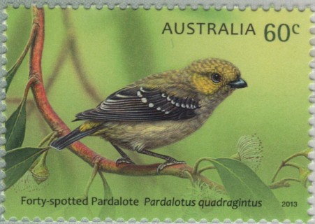 Australia-2013-Australian-Birds-Series-IV-Pardalotes-60-cent-Multi-P13-86-x-14-6-Forty-spotted-pardalope-Pardoalotus-quadragintus-SG3992