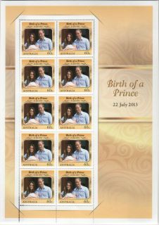 Australia-2013-Birth-of-a-Prince-Prince-George-born-10-x-60-cent-Multi-P-Sheet-stamp-Ten-of-design-6000-SG4028