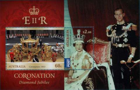 Australia-2013-Diamond-Jubilee-Coronation-3-2-dollar-Multi-P14-6-x-13-86-Minisheet-with-designs-5966-and-5967