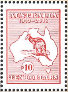 Australia-2013-Melbourne-Stamp-Show-2013-100-years-of-Cwth-Stamps-10-dollar-Multi-P13-86-x-14-6-As-2-pound-red-roo-of-1913