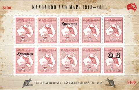 Australia-2013-Melbourne-Stamp-Show-2013-100-years-of-Cwth-Stamps-40-dollar-Multi-P13-86-x-14-6-Shows-Specimen-type-1-plus-OS-overprints-plus-large-and-small-perforation-on-sh