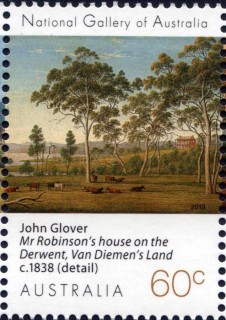 Australia-2013-National-Gallery-of-Australia-landscapes-60-cent-Multi-P14-6-x-13-86-John-Glover-artist-Mr-Robinsons-house-on-the-Derwent