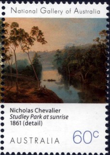 Australia-2013-National-Gallery-of-Australia-landscapes-60-cent-Multi-P14-6-x-13-86-Nicholas-Chevalier-artist-Studley-Park-at-Sunrise-1861-SG3955