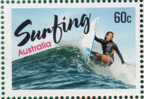 Australia-2013-Surfing-Australia-60-cent-Multi-P13-86-x-14-6-Pro-surfing-wet-suited-woman-on-white-board-at-pinnacle-of-wave-SG3932