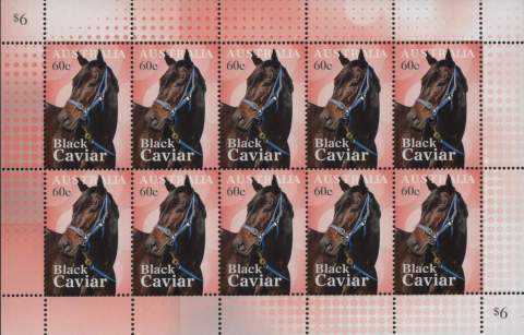 Australia-2013-Unbeaten-race-horse-Black-Caviar-6-dollar-Multi-P13-86-x-14-6-Identical-stamps-issueD-hurriedly-for-stamp-show-SG3988