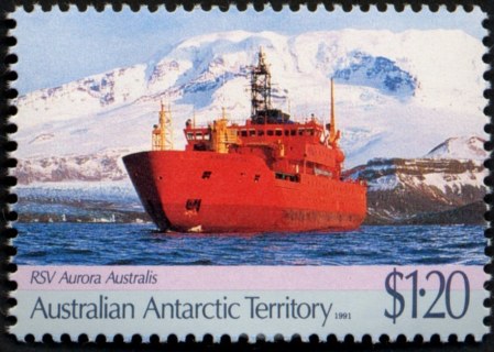 AAT-1991-Antarctic-Treaty-Anniversary-30-43c-and-Maiden-voyage-of-Aurora-research-ship-1-2-dollar-Multi-P14-x-13-5-AAT-Ship-Aurora-Australis-off-Heard-Island-SGA89