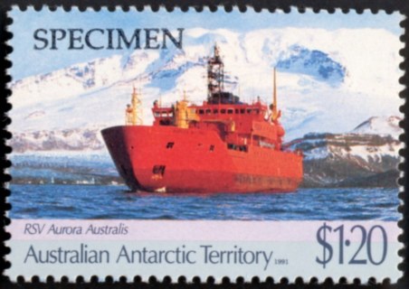 AAT-1991-Antarctic-Treaty-Anniversary-30-43c-and-Maiden-voyage-of-Aurora-research-ship-1-2-dollar-Multi-P14-x-13-5-AAT-Ship-Aurora-Australis-off-Heard-Island-SGA89S