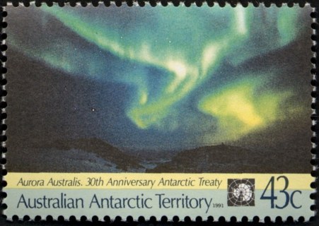 AAT-1991-Antarctic-Treaty-Anniversary-30-43c-and-Maiden-voyage-of-Aurora-research-ship-43-cent-Multi-P14-x-13-5-AAT-Aurora-Australis-in-sky-SGA88