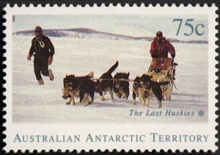 AAT-1994-Departure-of-Husky-Dogs-from-Antarctica-75-cent-Multi-P14-50-AAT-Dogs-pulling-sled-SGA105