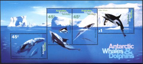 AAT-1995-Whales-and-Dolphins-45-cent-Multi-P14-50-AAT-Mini-sheet-SGA112MS