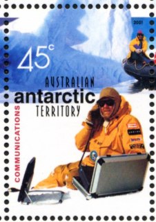 AAT-2001-Centenary-of-Australia-in-Antarctic-45-cent-Multi-P14-6-x-13-86-AAT-Scientist-using-satellite-telephone-SGA149