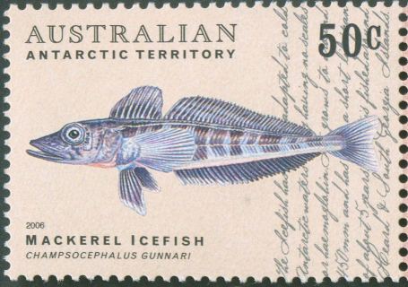 AAT-2006-Fish-of-the-Australian-Antarctic-Territory-50-cent-Multi-P13-86-x-14-6-AAT-Mackeral-icefish-Champsocephalus-gunnari-on-buff-background