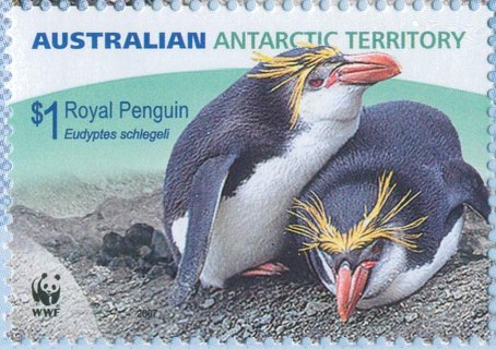 AAT-2007-Royal-Penguins-WWF-1-dollar-Multi-P14-6-x-13-86-AAT-Royal-Pengiun-Eudyptes-schlegeli-male-and-female-snuggling-SGA179