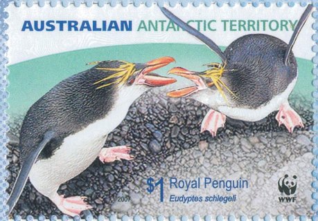 AAT-2007-Royal-Penguins-WWF-1-dollar-Multi-P14-6-x-13-86-AAT-Royal-Pengiun-Eudyptes-schlegeli-two-birds-sparring-SGA178