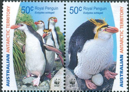 AAT-2007-Royal-Penguins-WWF-2-x-50-cent-Multi-P14-6-x-13-86-AAT-Royal-Pengiun-Eudyptes-schlegeli-se-tenant-horiz-pair-8188-and-8189-SG