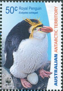 AAT-2007-Royal-Penguins-WWF-50-cent-Multi-P14-6-x-13-86-AAT-Royal-Pengiun-Eudyptes-schlegeli-adult-with-egg-SGA177