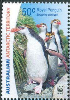 AAT-2007-Royal-Penguins-WWF-50-cent-Multi-P14-6-x-13-86-AAT-Royal-Pengiun-Eudyptes-schlegeli-group-of-4-marching-to-nesting-sites-SGA176