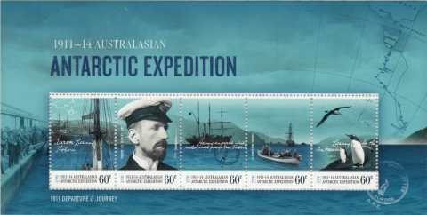 AAT-2011-Centenary-of-the-Australasian-Antarctic-Expedition-5-x-60-cent-Multi-P14-6-x-13-86-AAT-Mini-sheet-with-background-mostly-hidden-showing-crowd-at-wharf-saluting-departure