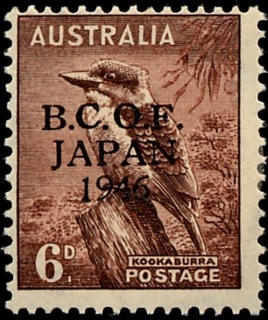 BCOF-1947-Laughing-Kookaburra-6-pence-purple-brown-C-of-A-P15x14-BCOF-Bird