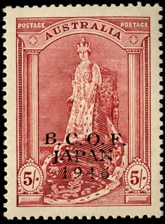 BCOF-1947-Queen-Elizabeth-5-shilling-claret-C-of-A-P13-5-BCOF-Queen-Elizabeth